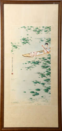 A Chinese Lotus Pond And Figure Sailing Painting, Guan Pingh...