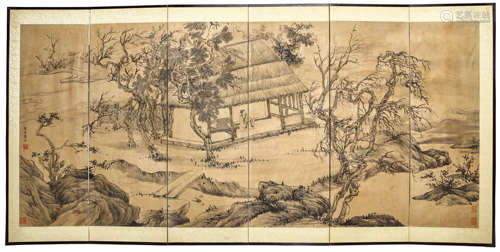 A Chinese Landscape Painting Screens, Tang Yin Mark