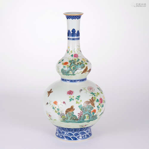 An Underglaze Blue And Famille Rose Flower&Bird Double-Gourd...