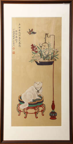 A Chinese Cat Painting Silk Scroll, Yu Fei’An Mark