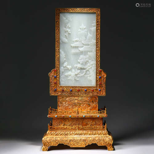 A Gilt-Decorated White Jade Landscape Table Screen