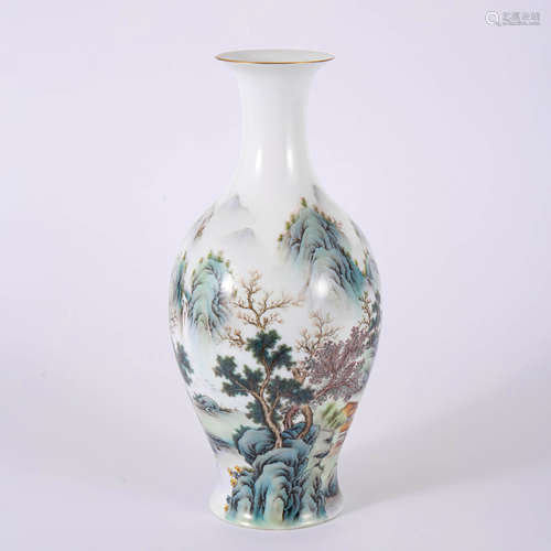 A Famille Rose Landscape&Figure Inscribed Guanyin Vase