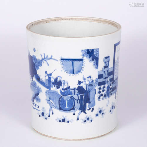 A Blue And White Figure Brush Pot