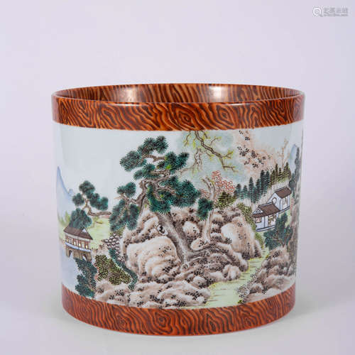 A Faux-Bois Glaze Landscape&Figure Brush Pot