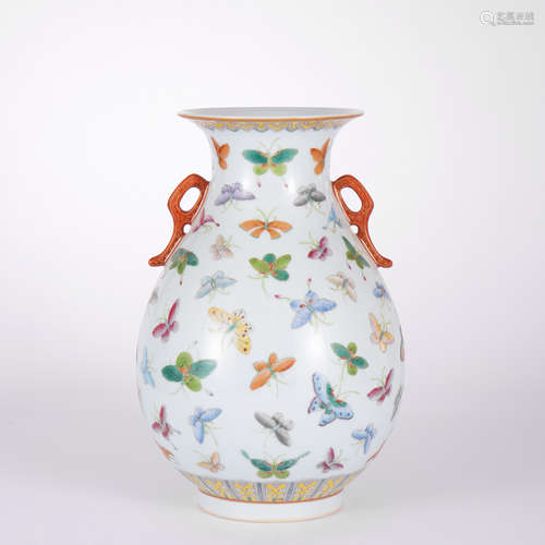 A Famille Rose Butterfly Double-Eared Vase