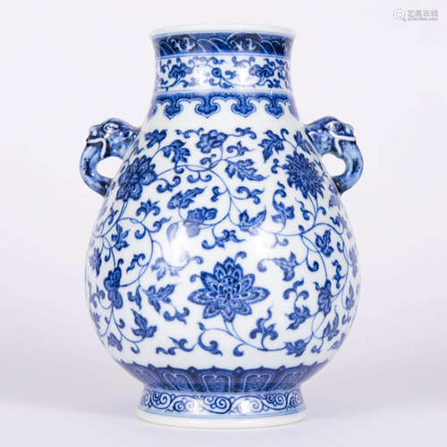 A Blue And White Flower Double-Eared Zun Vase