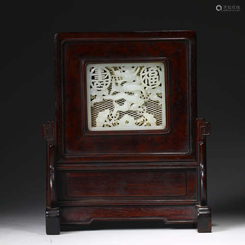 A Carved White Jade Table Screen With Wood Frame