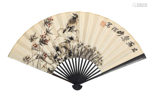 A Chinese Flower&Stone Fan Painting, Liang Qi Mark