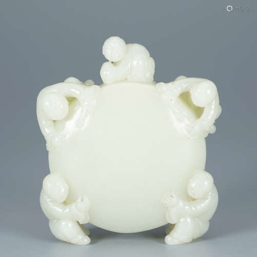 A Carved White Jade Five-Boys Vase