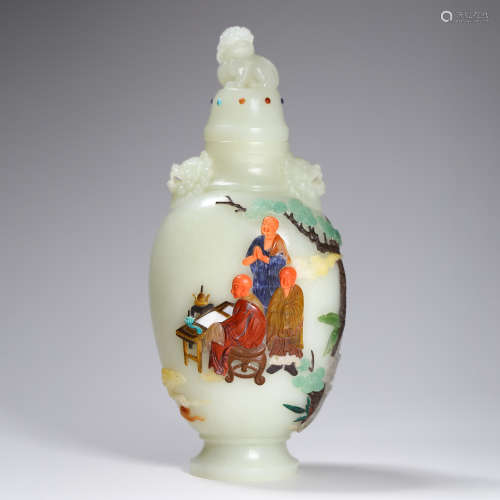 A Gems Inlaid Jade Figures Vase And Lion-Finial Cover