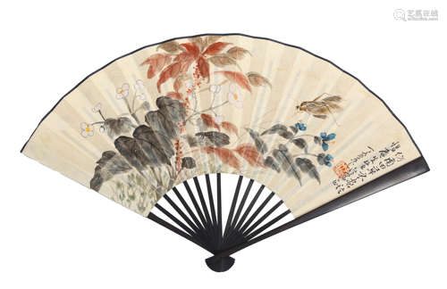 A Chinese Flower&Insect Fan Painting, Ding Baoshu Mark