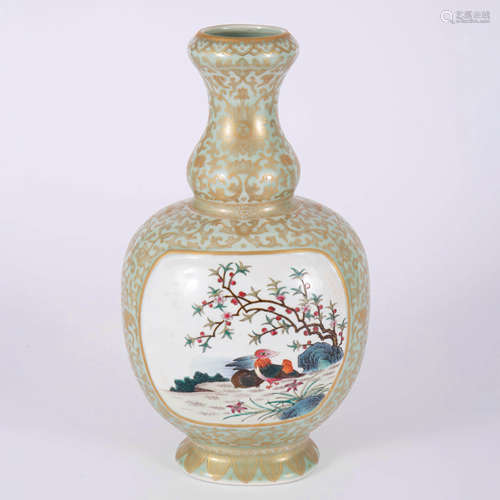 A Celadon Glaze And Gilt-Decorated Flower And Bird Garlic-He...