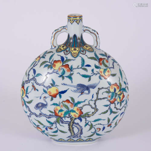 A Doucai Glaze Peach-Crane Moon Flask