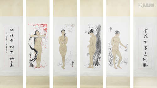 Six Chinese Naked Lady Painting And Calligraphy Scrolls, He ...