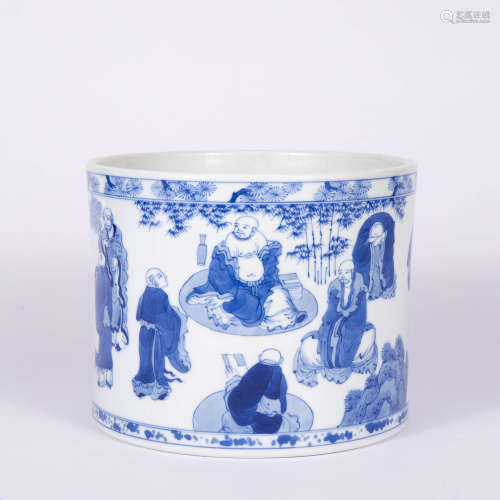 A Blue And White Flower&Figure Brush Pot