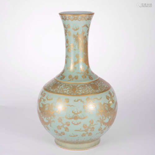 A Celadon Glaze And Gilt Decorated Flower Bottle Vase