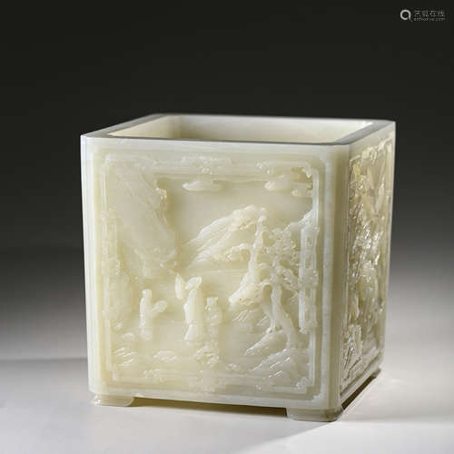 A Carved White Jade Figure And Landscape Square Brush Pot