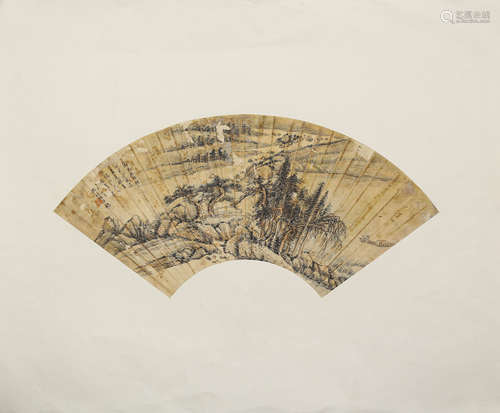 A Chinese Landscape Fan Painting, Feng Chaoran Mark