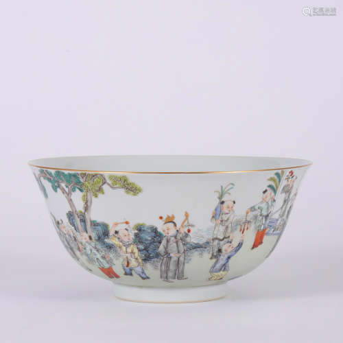 A Famille Rose Boys Playing Bowl