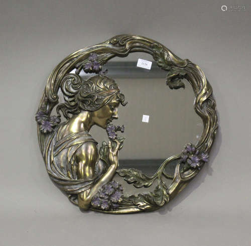 A modern Art Nouveau style cold painted cast metal wall mirr...