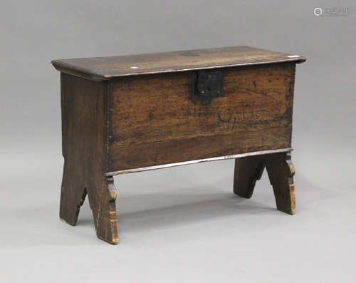 A late 17th century oak six-plank coffer, the hinged lid abo...