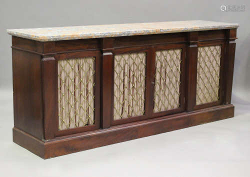 A modern reproduction mahogany sideboard, the marble top abo...