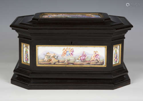 A 19th century ebonized canted rectangular casket with Capod...