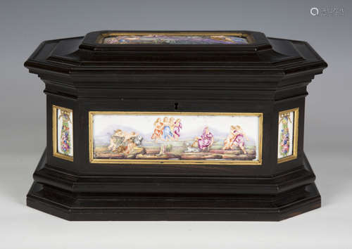 A 19th century ebonized canted rectangular casket with Capod...