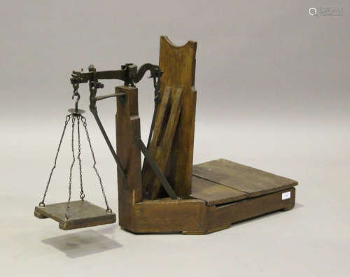A set of early 20th century primitive pine balance scales, h...