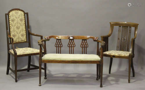 An Edwardian walnut two-seat salon settee, height 73cm, widt...