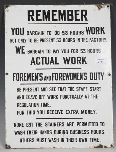 A Foreman's and Foreworker's enamel sign, 48cm x 35cm.Buyer’...