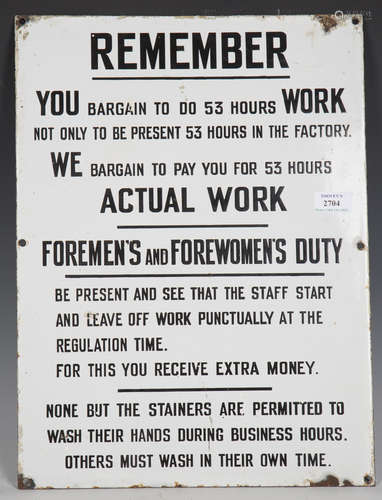 A Foreman's and Foreworker's enamel sign, 48cm x 35cm.Buyer’...