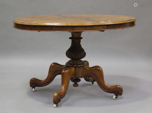 A Victorian burr walnut oval loo table, the baluster column ...