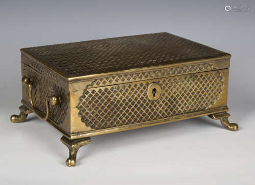 A 19th century Anglo-Indian polished brass casket, the hinge...
