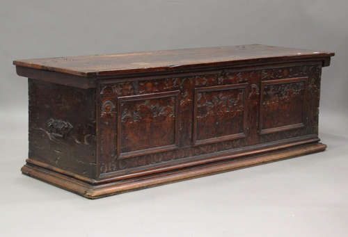 A large 17th century Italian cedar and walnut Adige chest, t...