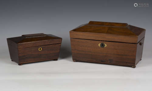 An early Victorian rosewood sarcophagus tea caddy, decorated...
