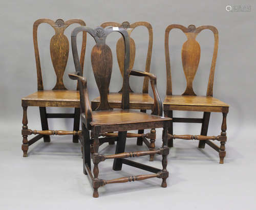 A set of four early 18th century provincial oak splat back d...