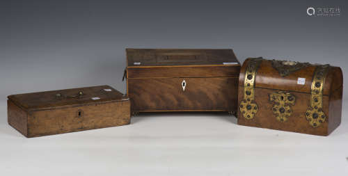 A George III figured mahogany sewing box with boxwood line i...