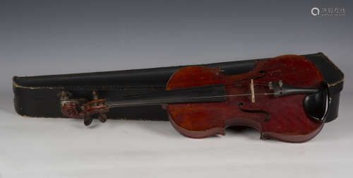 A violin, length of back excluding button 36cm, with a bow.B...