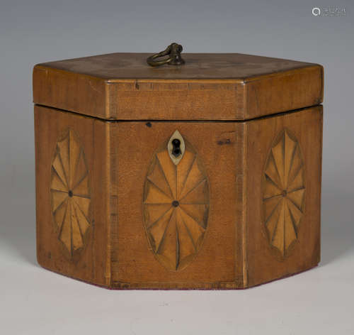 A George III satinwood hexagonal tea caddy with fan inlaid d...