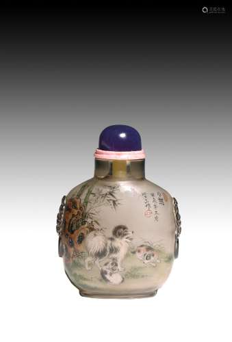 WANG XISAN: CRYSTAL INSIDE PAINTED 'DOGS' SNUFF BOTTLE