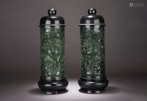 A PAIR OF LARGE GREEN JADE INCENSE CYLINDERS