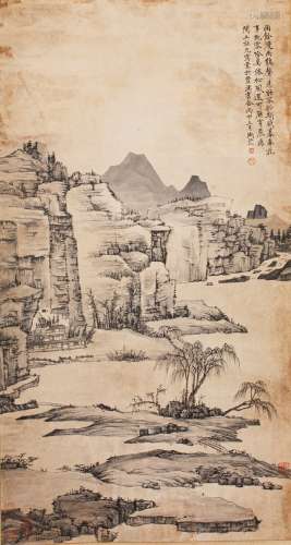 A CHINESE INK ON PAPER 'LANDSCAPE' HANGING SCROLL