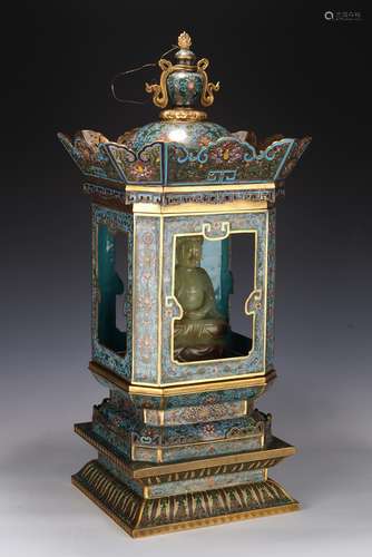 A CLOISONNE ENAMEL SHRINE WITH YELLOW JADE AMITABHA