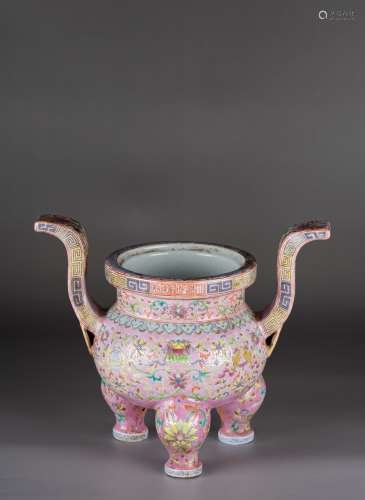A CHINESE FAMILLE ROSE TRIPOD CENSER
