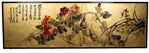 WU CHANGSHUO: CHINESE COLOR INK 'FLOWERS' FRAMED PAINTING