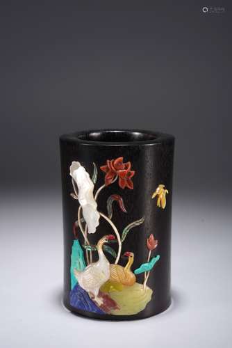 A CHINESE ZITAN INLAID 'GEESE AND LOTUS' BRUSHPOT