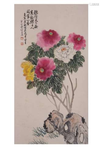 A CHINESE COLOR AND INK 'FLOWERS' HANGING SCROLL