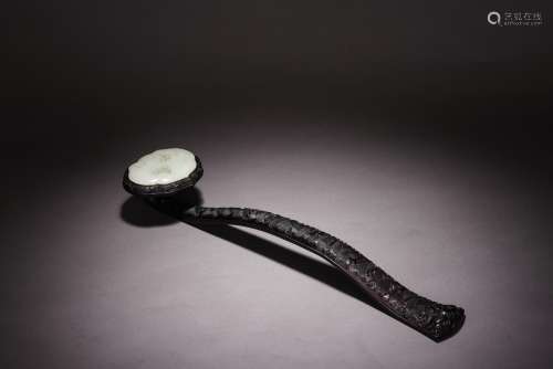 A CHINESE ZITAN AND WHITE JADE INLAID RUYI SCEPTER