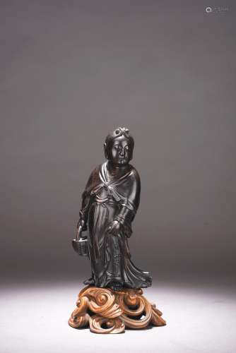 A CHINESE ZITAN CARVED FIGURE OF FEMALE IMMORTAL